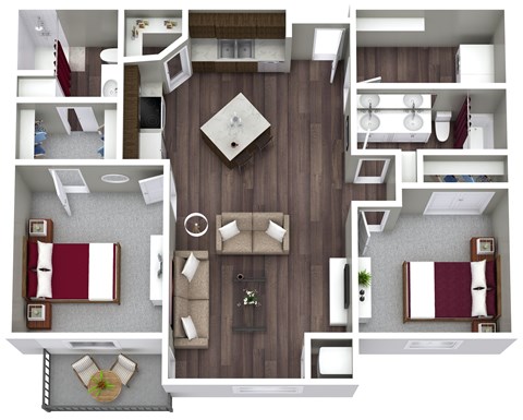 A top-down view of a living room with a couch, coffee table, and kitchen area.